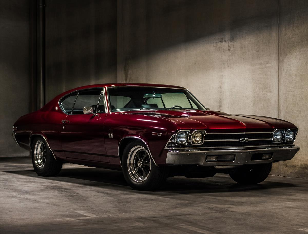 Restored classic muscle car with deep red paint parked in a garage