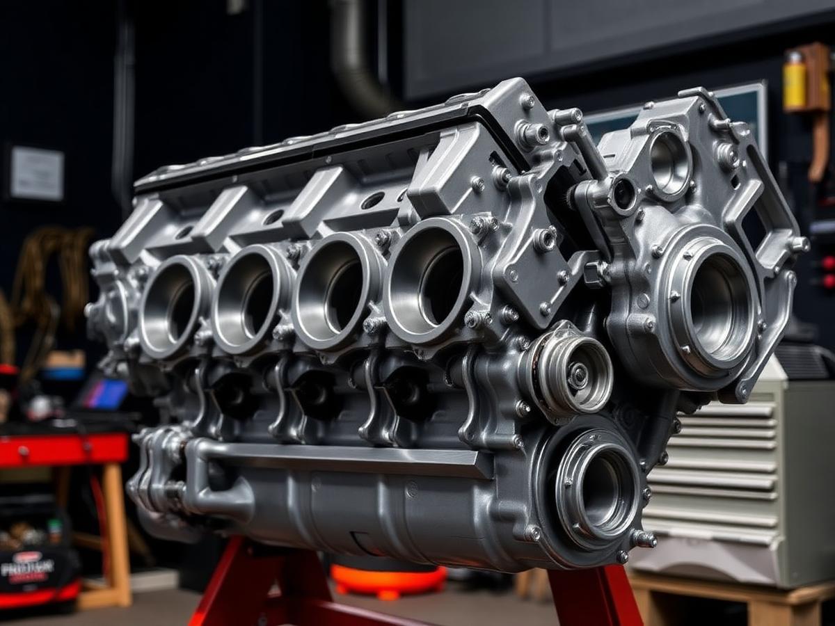 Rebuilt V8 engine block mounted on an engine stand