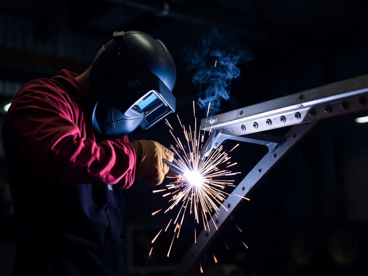 Welder fabricating a metal chassis component with sparks flying