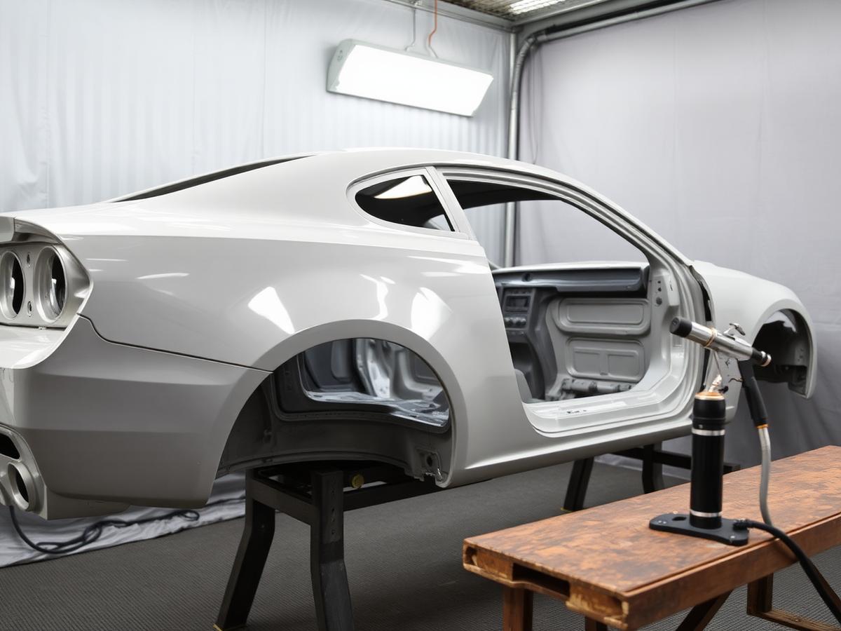 Car body shell in primer inside a paint booth