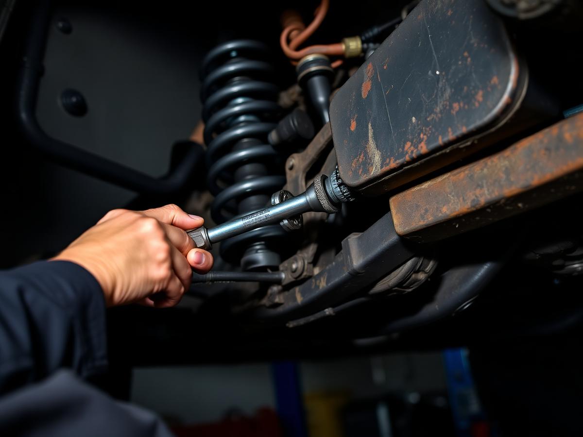 Technician torquing a suspension component beneath a lifted vehicle